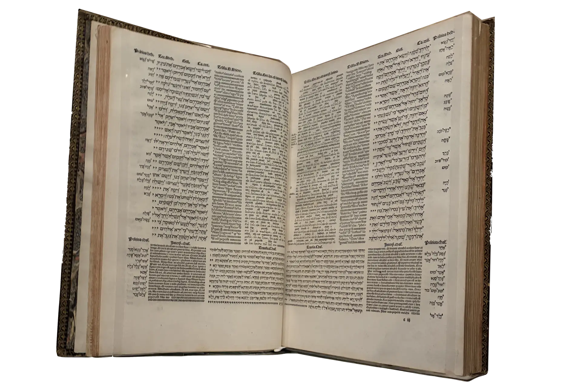 The Complutensian Polyglot Bible, a historical precedent for this Master Thyself Book Sample. Hebrew, Greek, Latin, and Aramaic in parallel columns so readers could verify translations against each other.