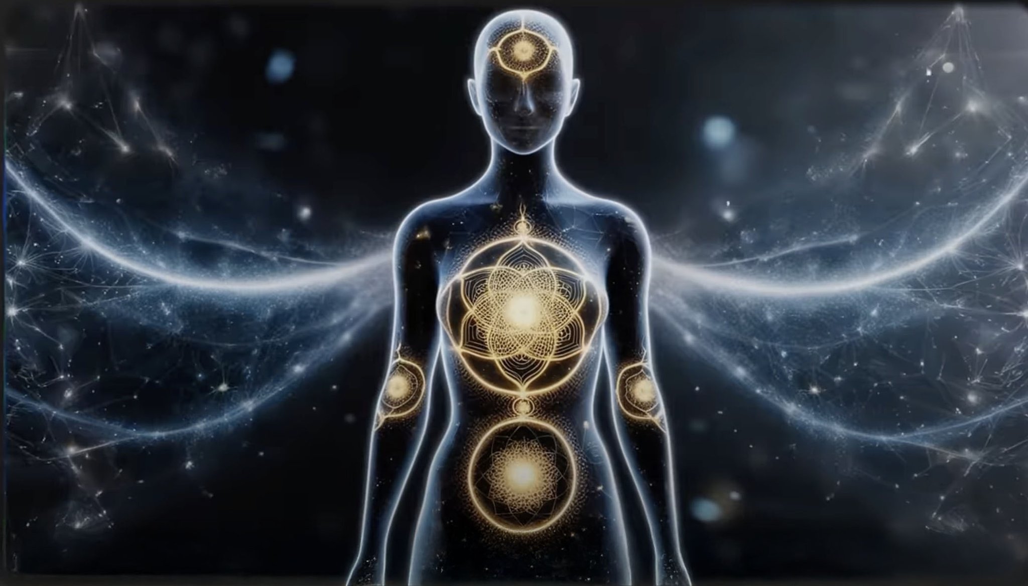 What is the meaning of life illustrated. A figure in coherence: sacred geometry flower-of-life centers glowing gold at heart, third eye, and sacral, with the heart's electromagnetic field radiating outward into the cosmic backdrop. Coherence made visible.