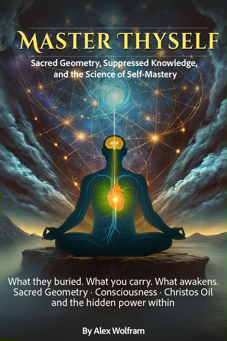 Master Thyself book cover by Alex Wolfram, meditative figure with sacred geometry and cosmic background