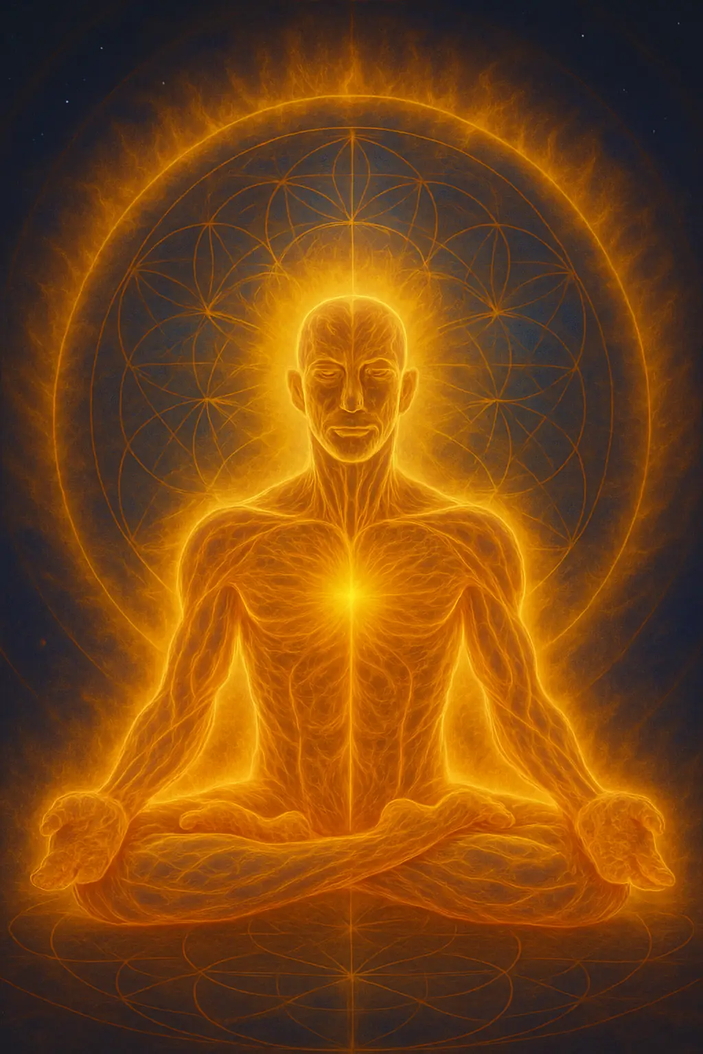 The Master Thyself Mechanism illustrated. A body in meditation posture, illuminated from within, heart center glowing, sacred secretion rising through the spinal column. Flower of Life backdrop.