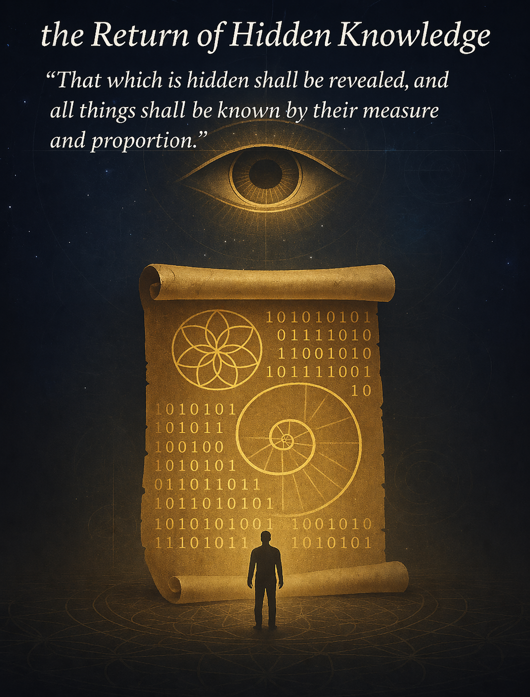 The Return of Hidden Knowledge. The Master Thyself Evidence illustrated as sacred geometry, the golden ratio spiral, and binary code unified on a scroll beneath an open eye. Hermetic principles made visible.