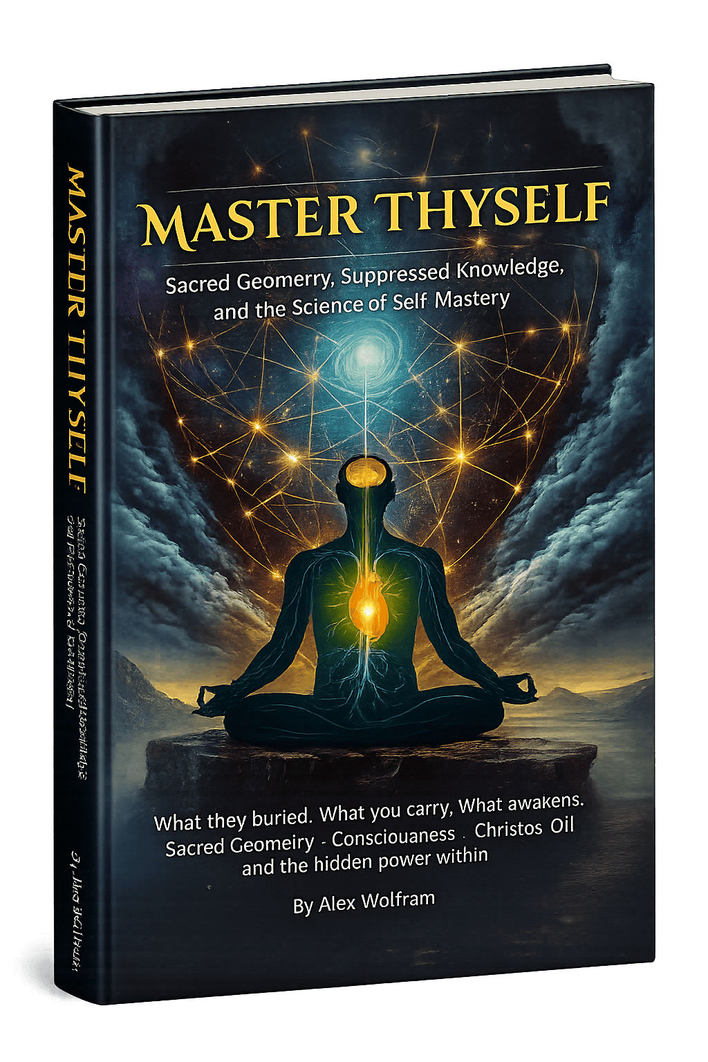 Master Thyself book cover by Alex Wolfram, 700+ page synthesis of sacred geometry, Christos Oil, and self mastery
