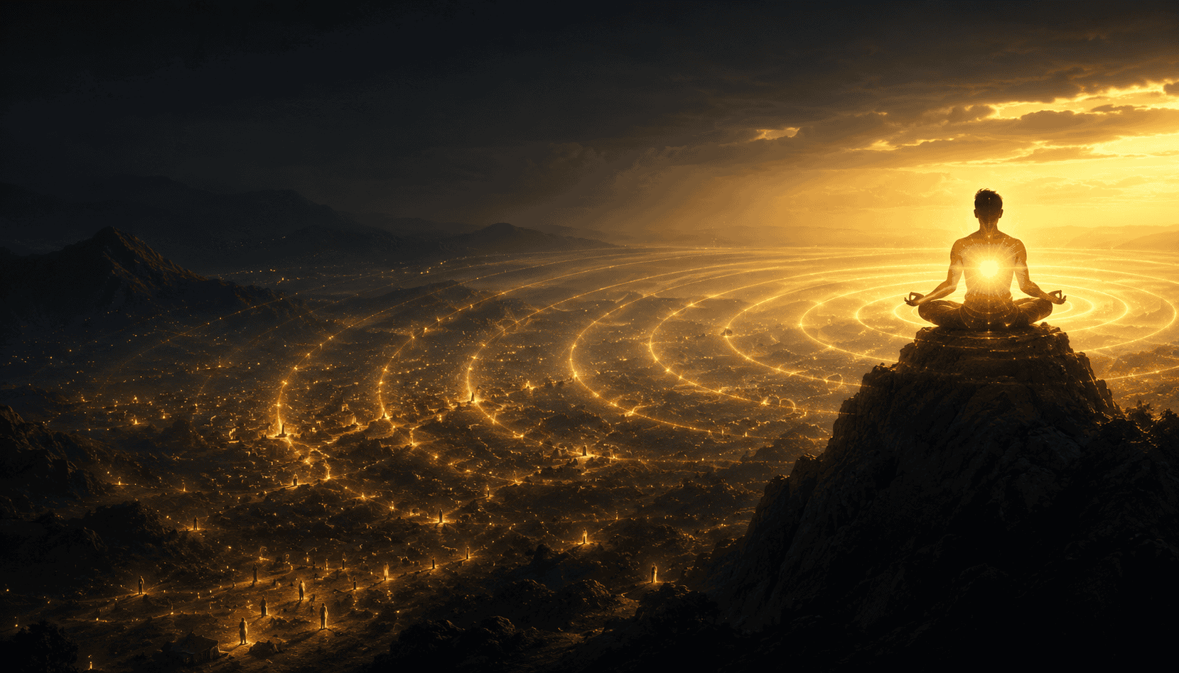 Silhouetted figure meditating on a mountain peak above a valley laced with glowing golden energy lines at sunset